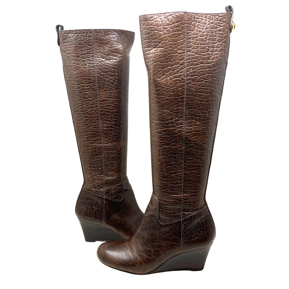 Tory Burch Dabney Knee High Wedge Boots Brown Croc Embossed Calf Leather Sz 6 - Picture 2 of 12